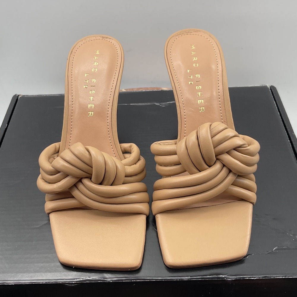 Marc Fisher LTD Dalary Tan Knotted Square Toe Flared Heel Sandals Mules Womens